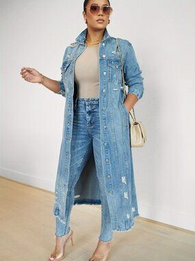 Women’s Distressed Long Denim Trench Duster Coat Ripped Jean Jacket